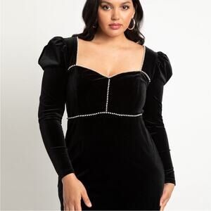 Eloquii Black Velvet Pearl Trim Puff Shoulder Regency Midi Dress